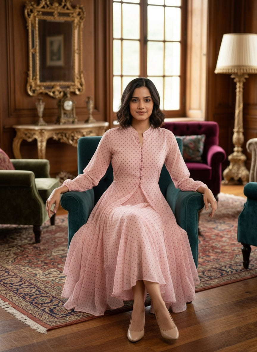 Souchii Blush Pink Dobby Chiffon High-Low Midi Dress with Mandarin Collar
