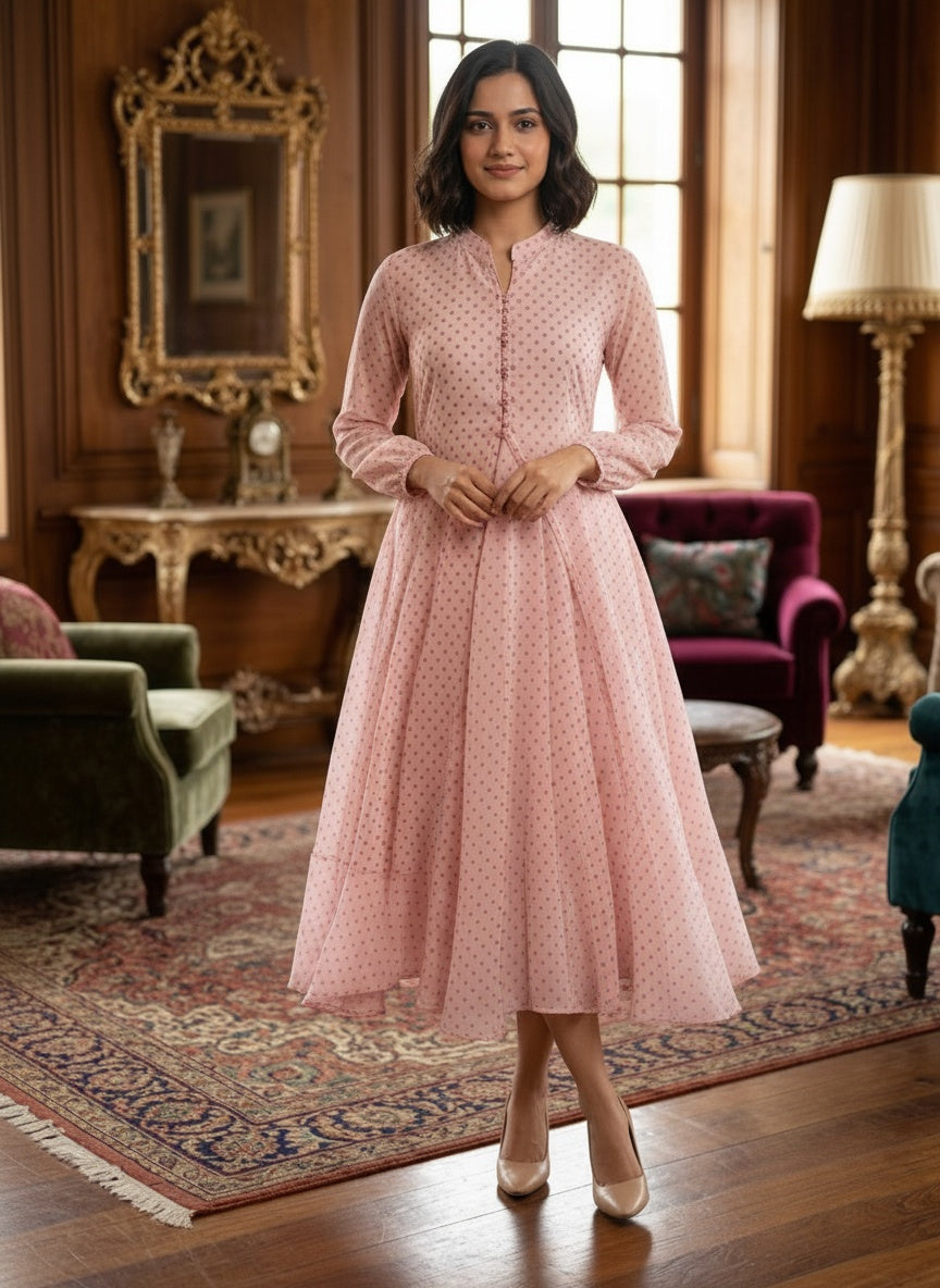 Souchii Blush Pink Dobby Chiffon High-Low Midi Dress with Mandarin Collar
