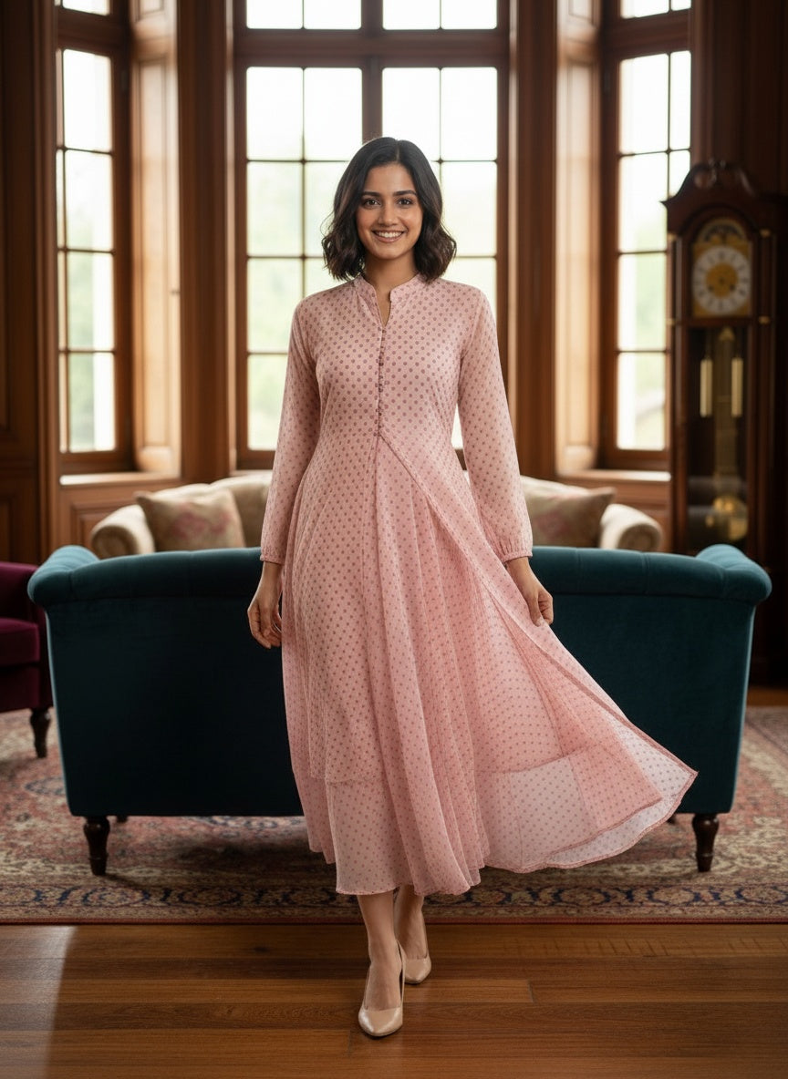 Souchii Blush Pink Dobby Chiffon High-Low Midi Dress with Mandarin Collar