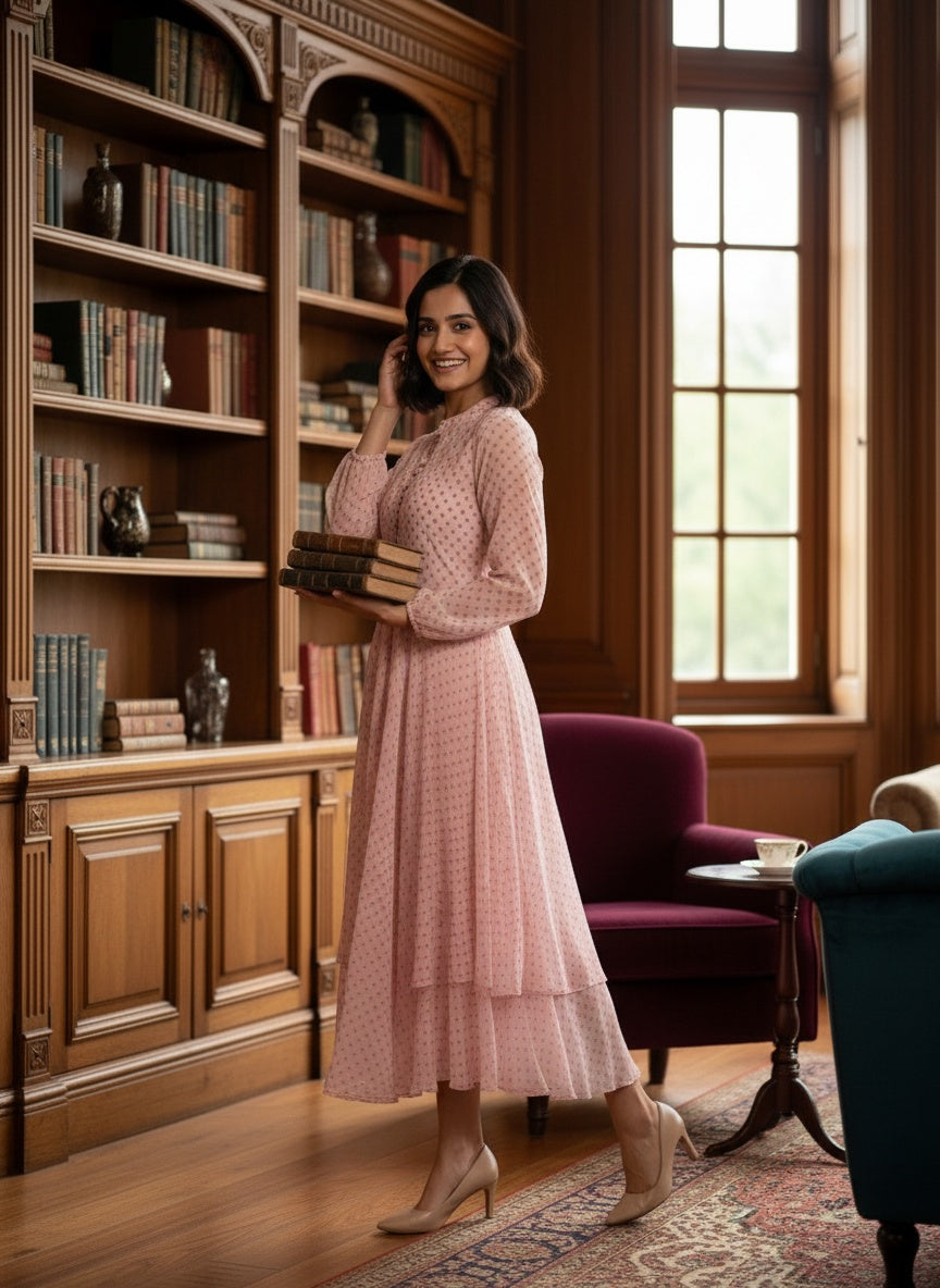 Souchii Blush Pink Dobby Chiffon High-Low Midi Dress with Mandarin Collar
