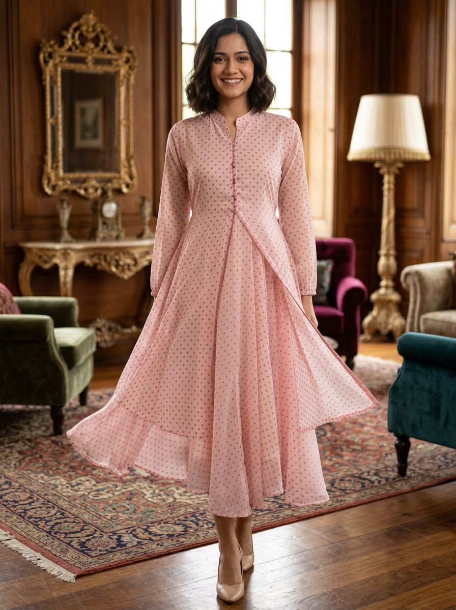 Souchii Blush Pink Dobby Chiffon High-Low Midi Dress with Mandarin Collar