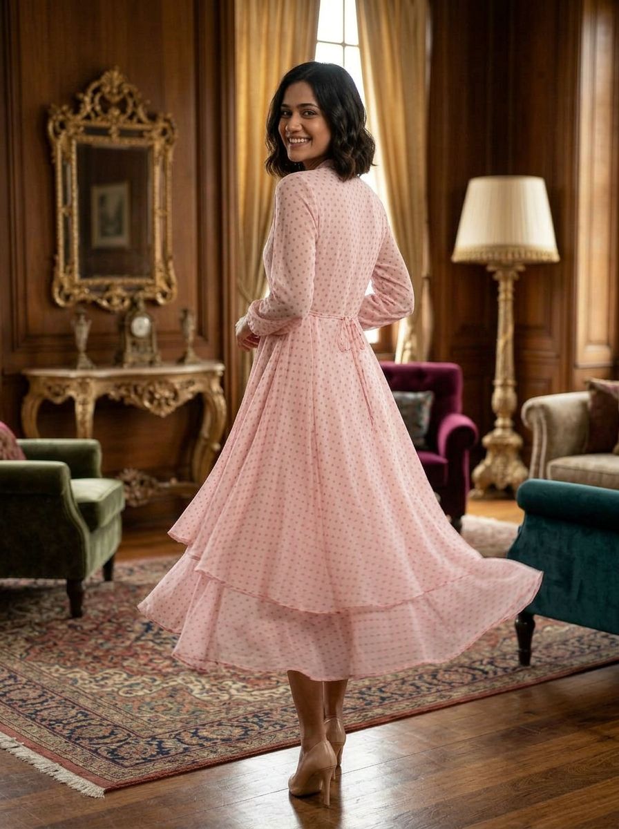 Souchii Blush Pink Dobby Chiffon High-Low Midi Dress with Mandarin Collar