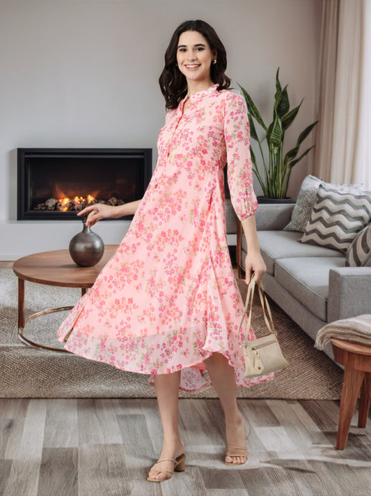 Dress – Light Pink Floral Printed A-line Princess Line | Souchii