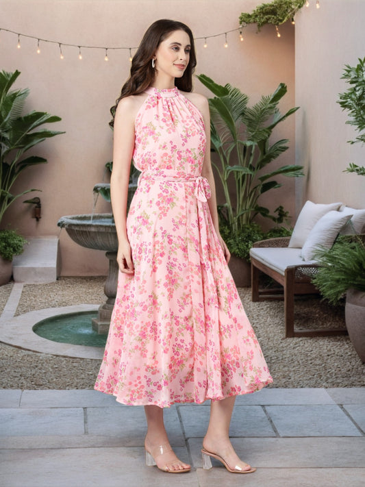 Maxi Dress – Pink Floral Chiffon Fit & Flare | Souchii