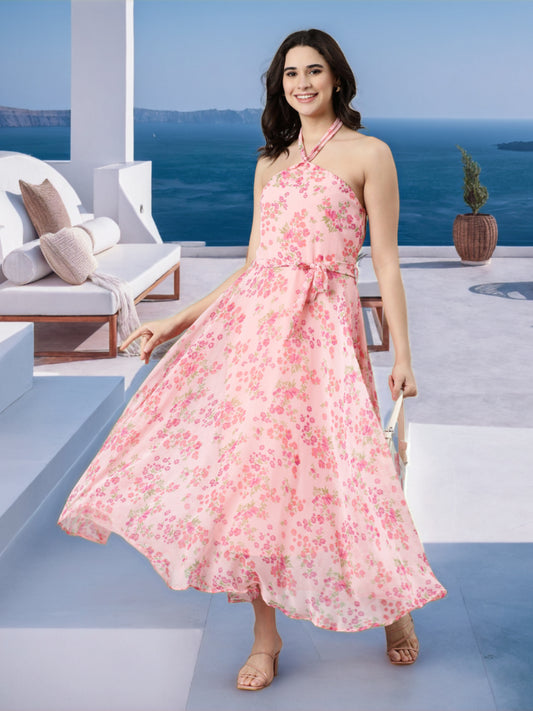 Dress – Pink Floral Halter Neck | Souchii