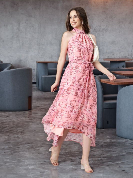 Dress – Pink Floral Print Halter Neck Asymmetric Hem | Souchii