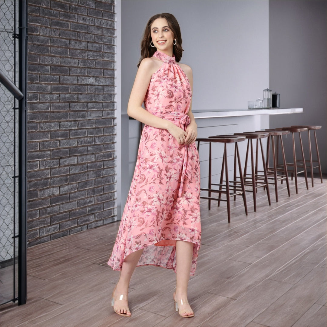 Dress – Pink Floral Print Halter Neck Asymmetric Hem | Souchii