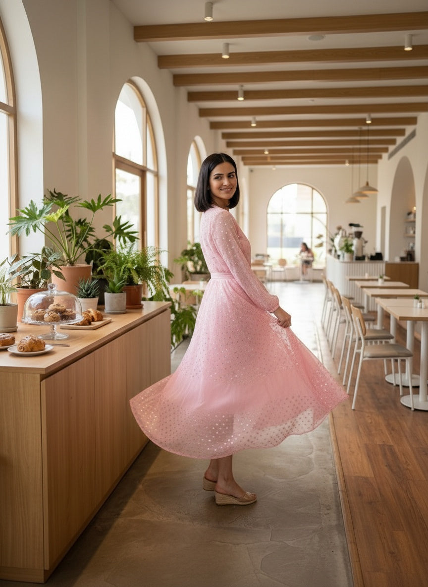 Souchii Blush Pink Sequin-Embellished Chiffon Wrap Midi Party Dress