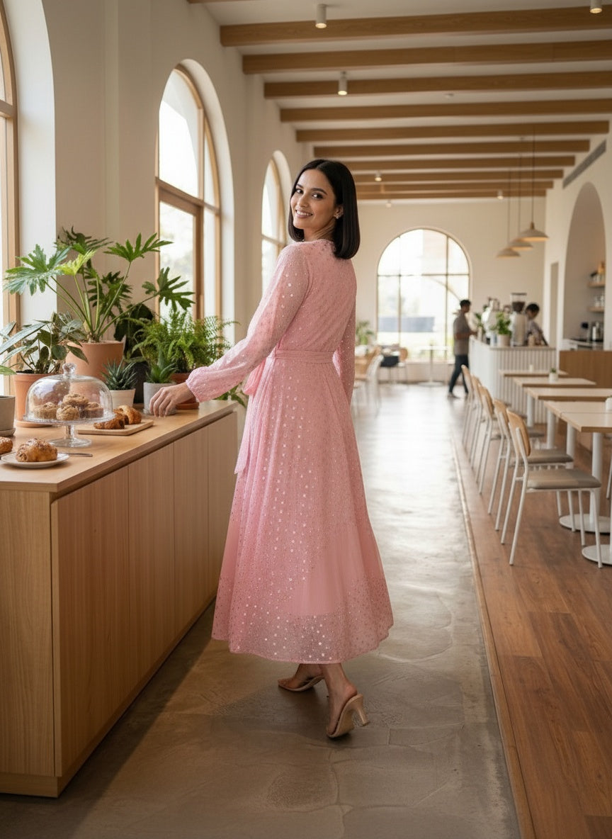 Souchii Blush Pink Sequin-Embellished Chiffon Wrap Midi Party Dress