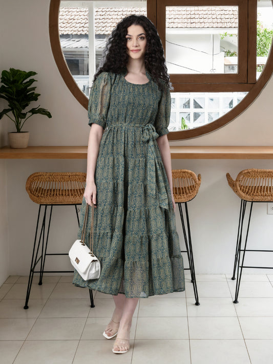 Maxi Dress – Green & Blue Ethnic Printed | Souchii