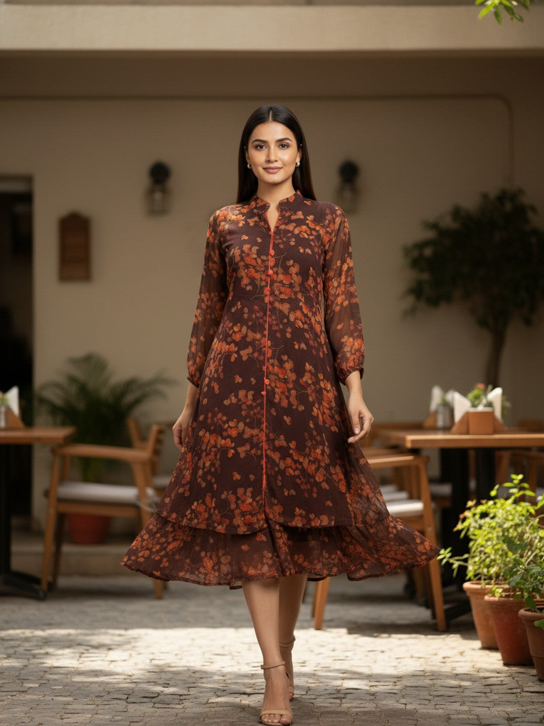 Brown Floral Chiffon Fit & Flare Midi Dress | Souchii