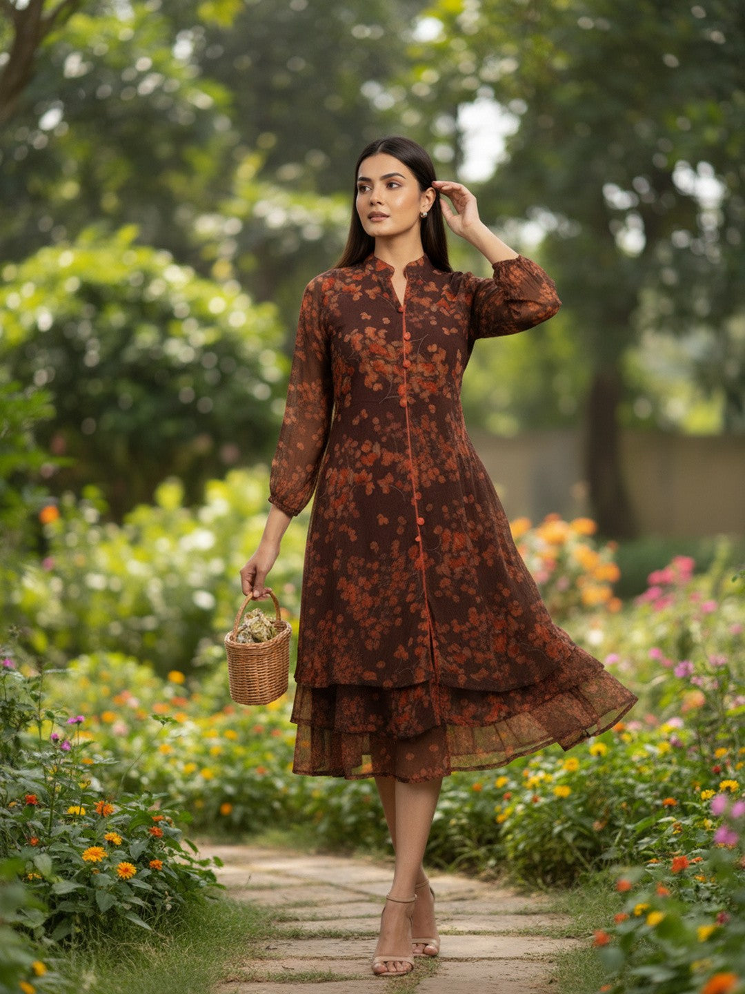 Brown Floral Chiffon Fit & Flare Midi Dress | Souchii