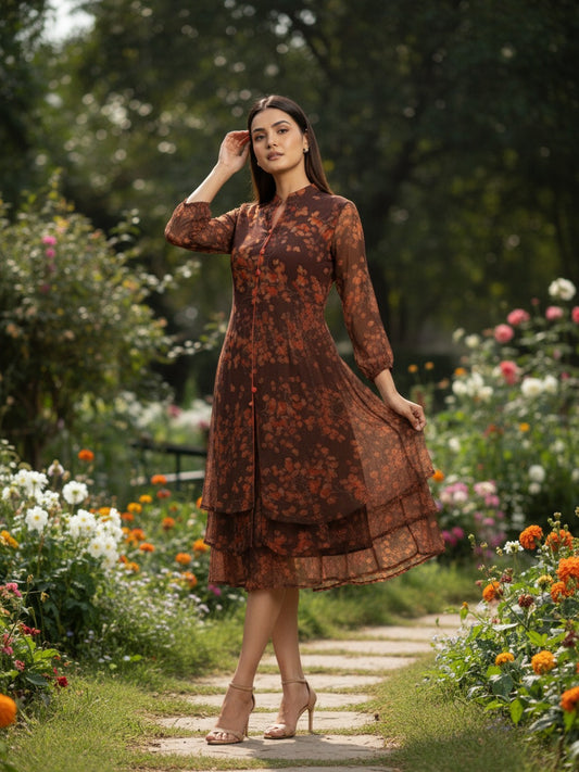 Brown Floral Chiffon Fit & Flare Midi Dress | Souchii