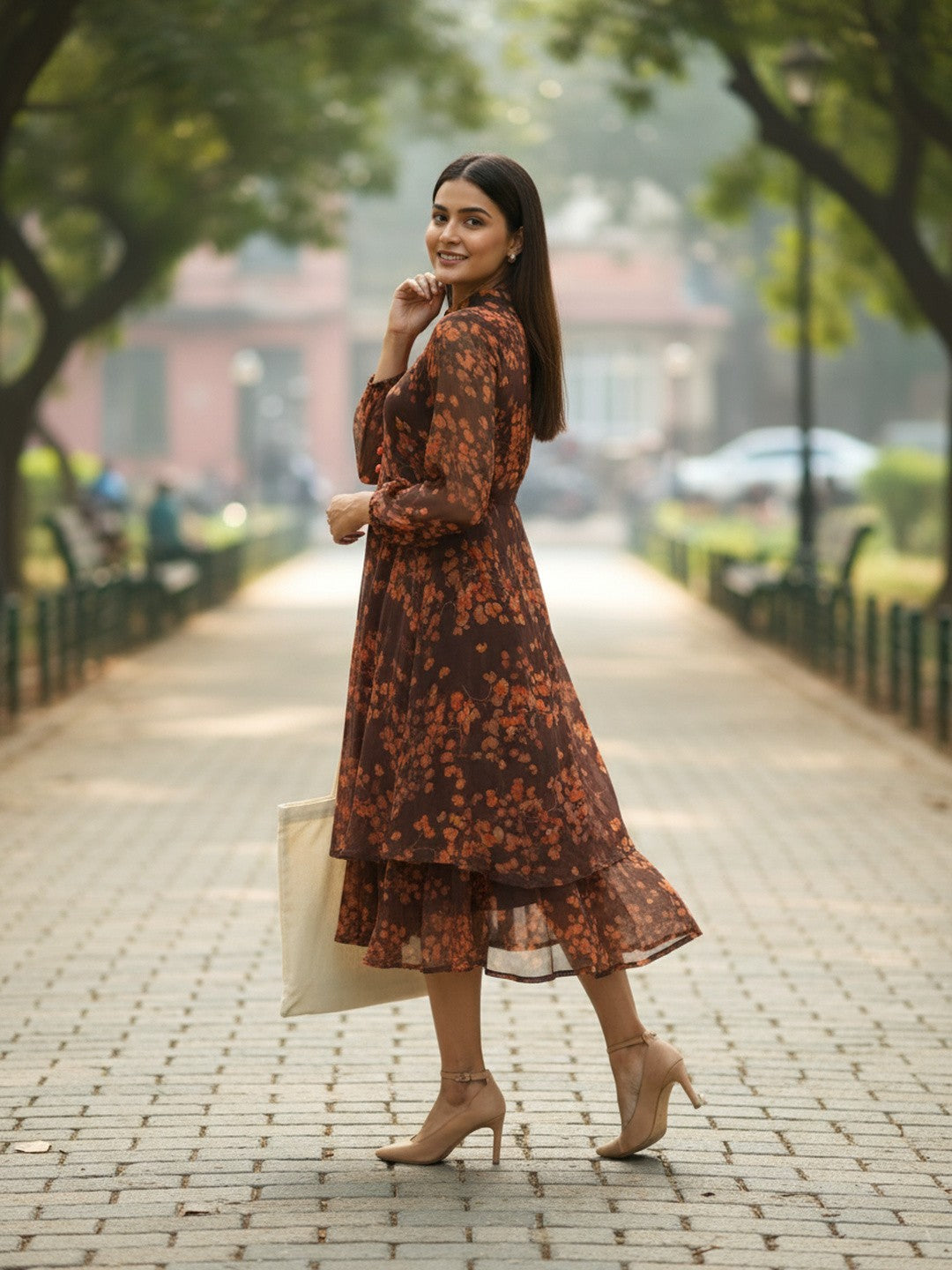 Brown Floral Chiffon Fit & Flare Midi Dress | Souchii