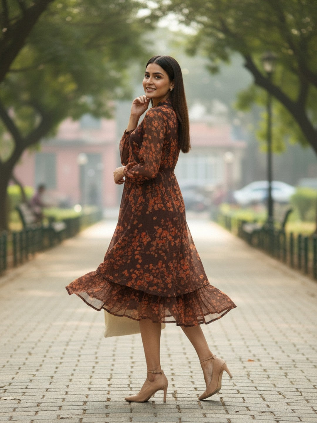 Brown Floral Chiffon Fit & Flare Midi Dress | Souchii