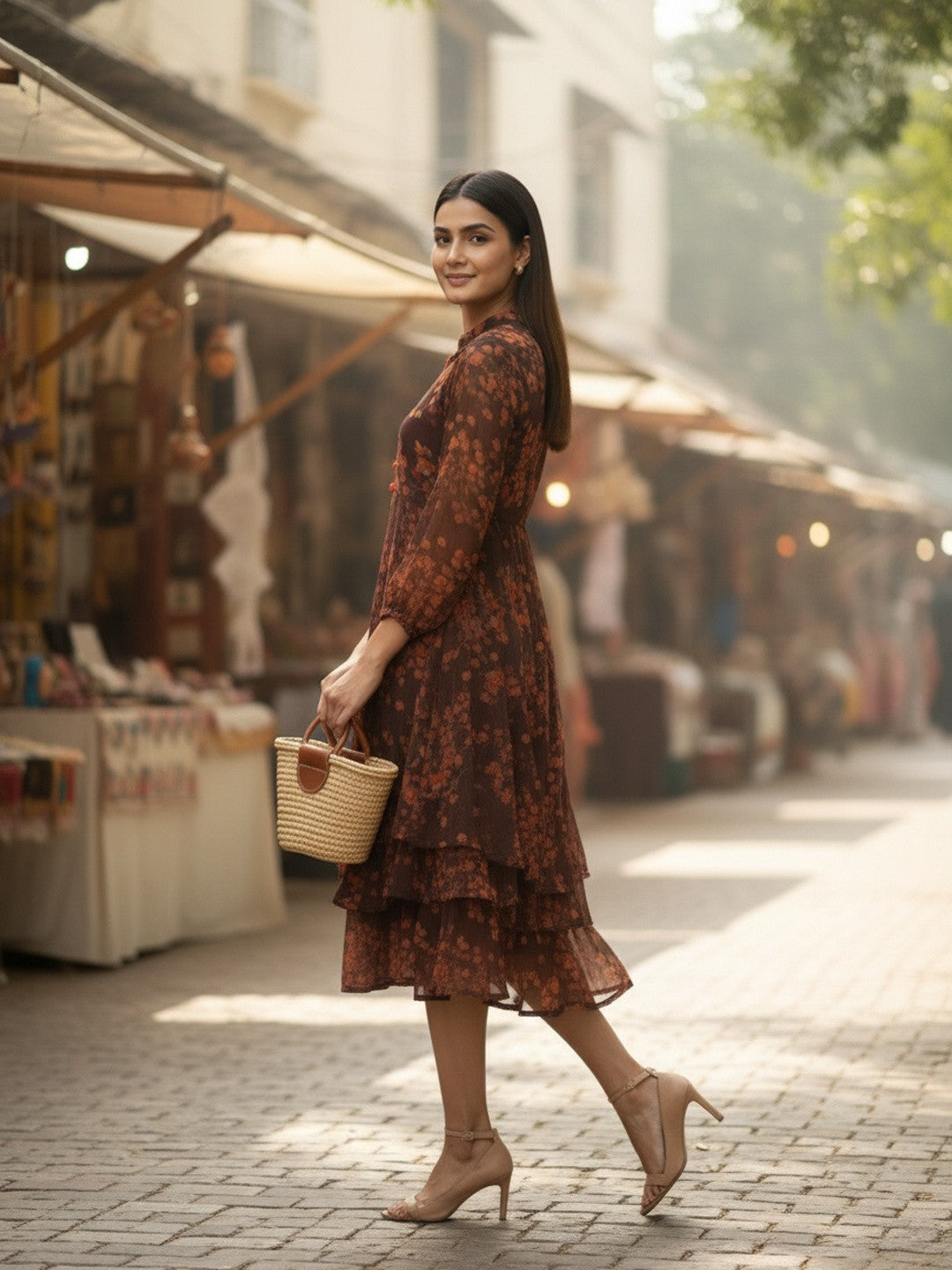 Brown Floral Chiffon Fit & Flare Midi Dress | Souchii