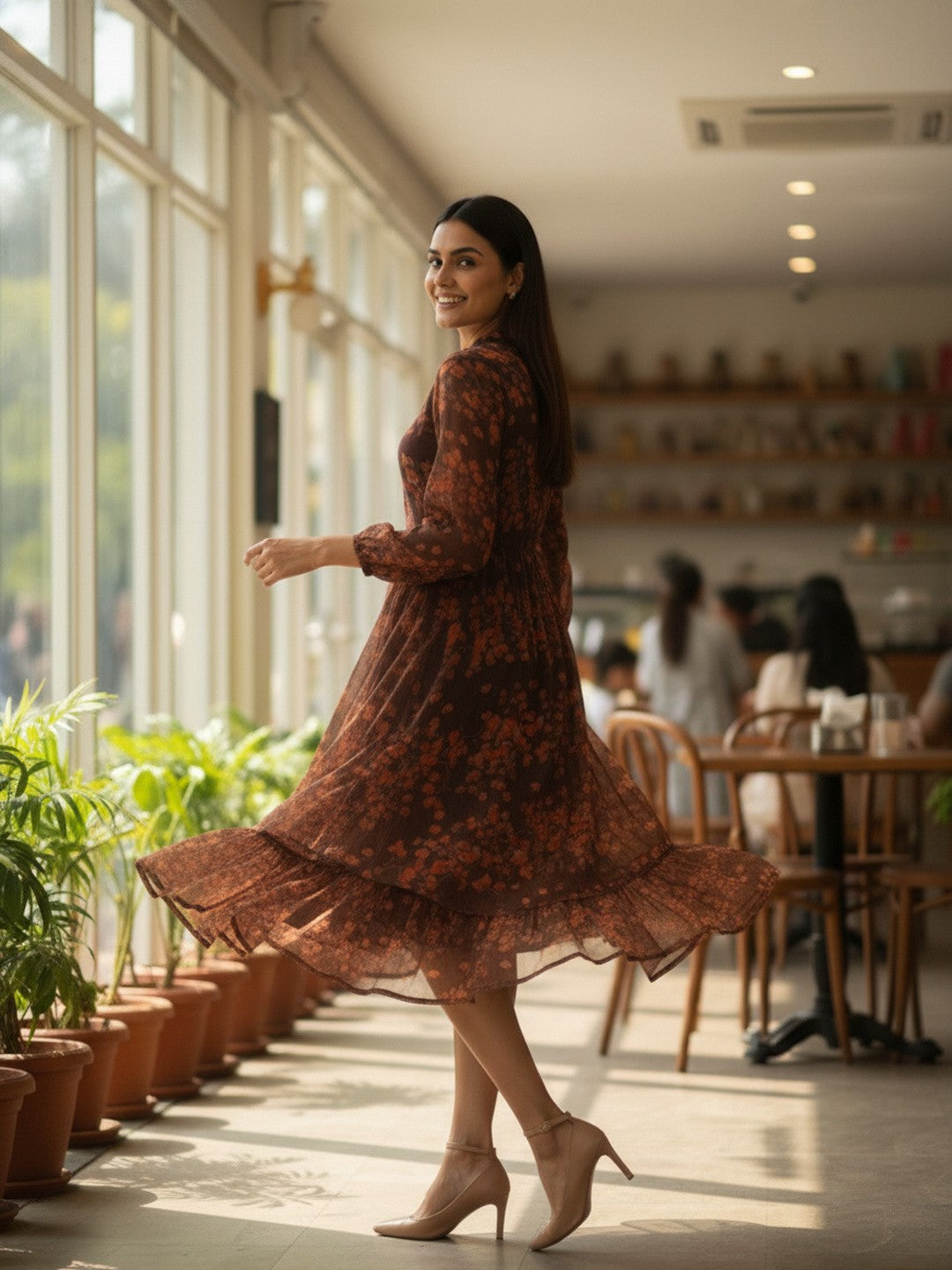 Brown Floral Chiffon Fit & Flare Midi Dress | Souchii