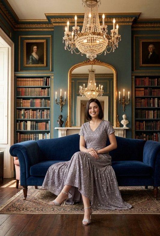 Souchii Grey Chiffon Sequin Dress – Effortless Glamour with a Graceful Flare