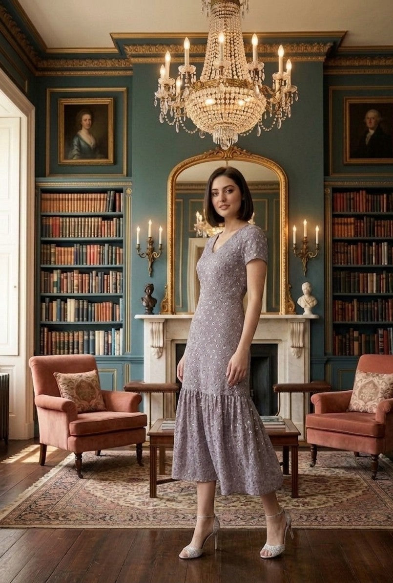 Souchii Grey Chiffon Sequin Dress – Effortless Glamour with a Graceful Flare