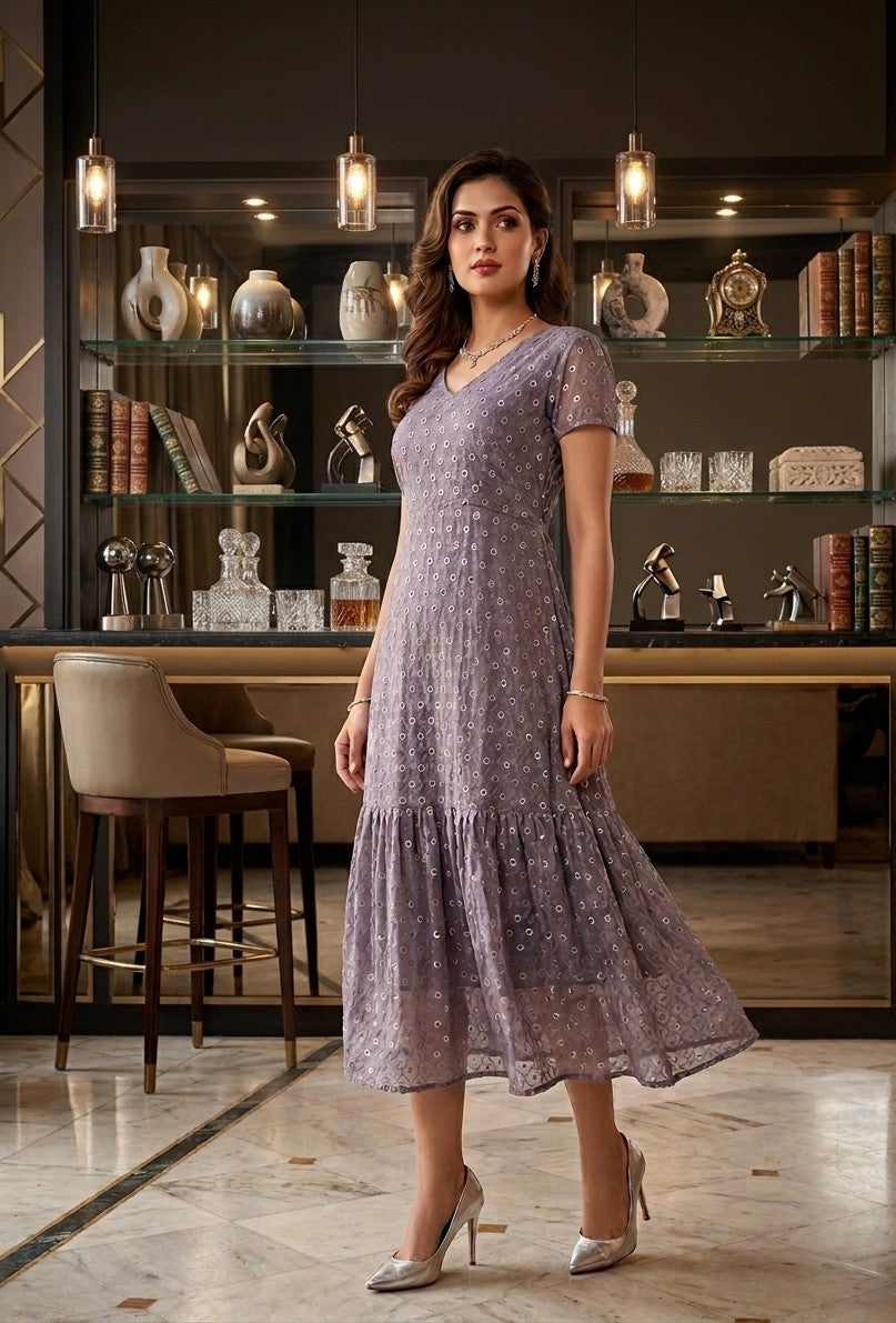 Souchii Grey Chiffon Sequin Dress – Effortless Glamour with a Graceful Flare