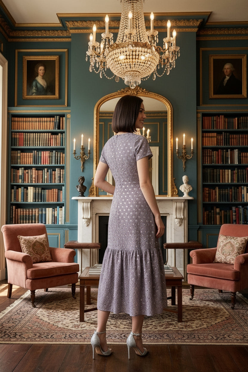Souchii Grey Chiffon Sequin Dress – Effortless Glamour with a Graceful Flare