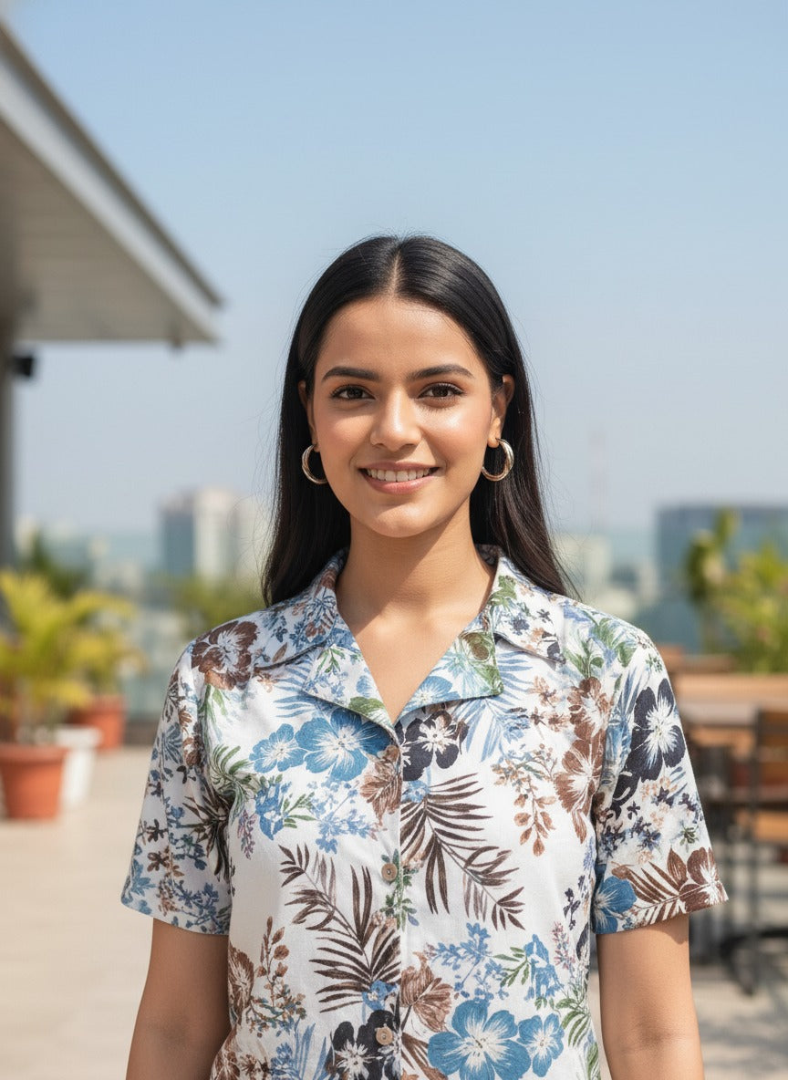 Souchii Women’ s Cotton Crop Top – Printed Boho Style with Wooden Buttons