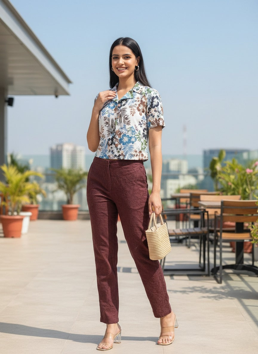 Souchii Women’ s Cotton Crop Top – Printed Boho Style with Wooden Buttons