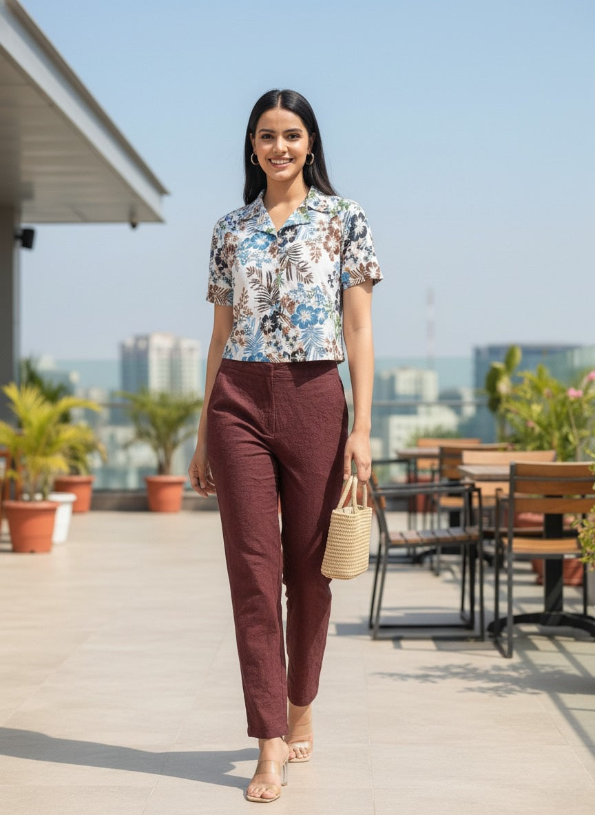 Souchii Women’ s Cotton Crop Top – Printed Boho Style with Wooden Buttons