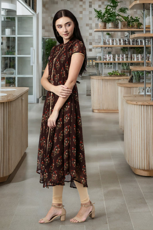 Dress – Brown & Red Floral Printed Chiffon | Souchii