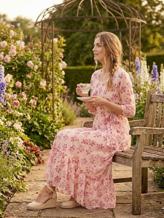 Souchii Women’s White & Pink Floral Chiffon Maxi Dress
