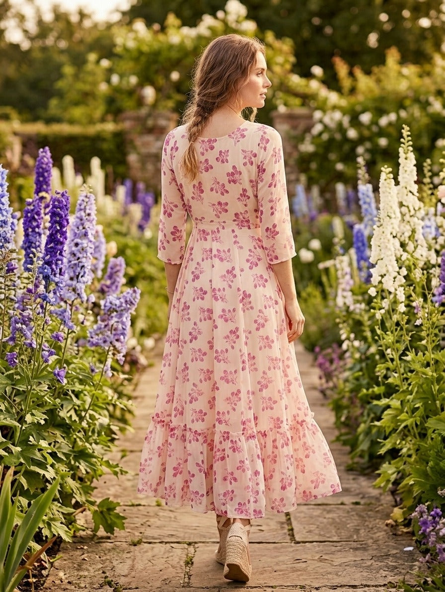 Souchii Women’s White & Pink Floral Chiffon Maxi Dress