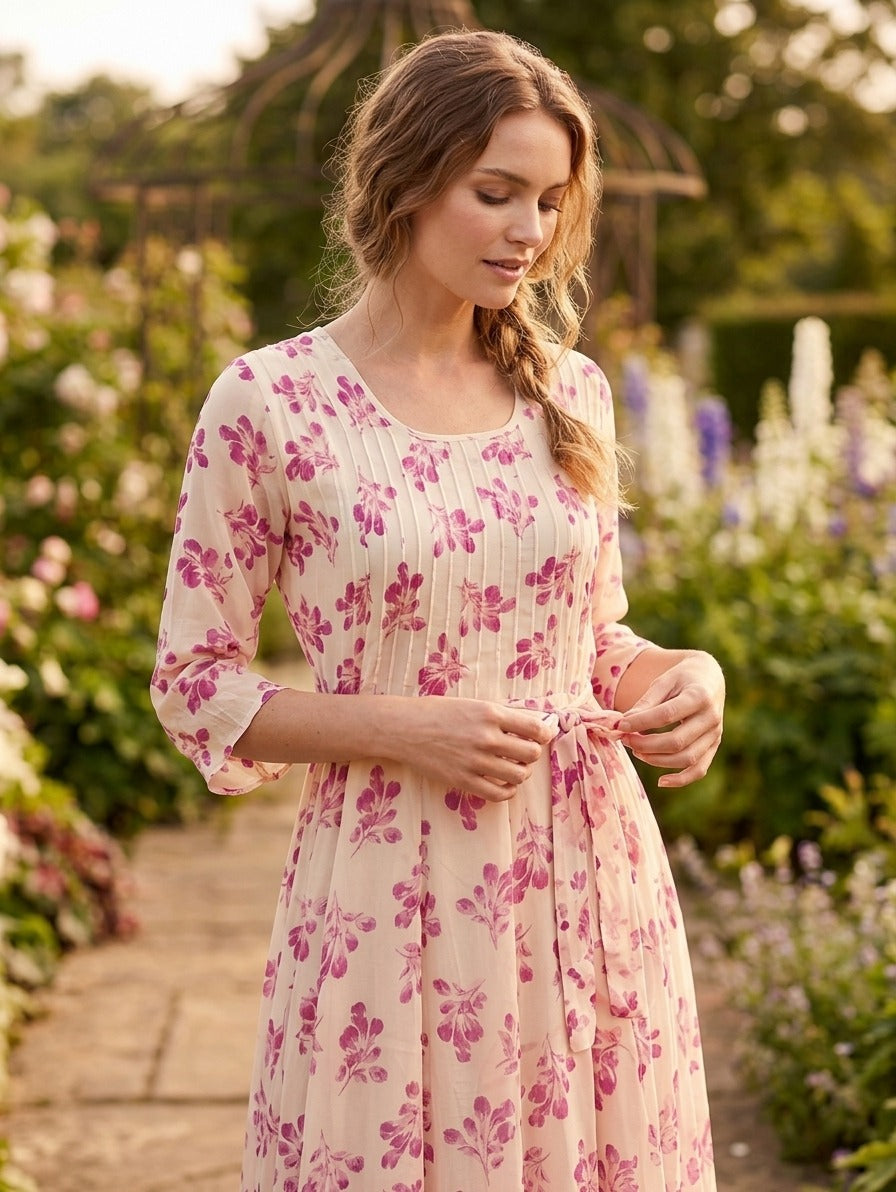 Souchii Women’s White & Pink Floral Chiffon Maxi Dress