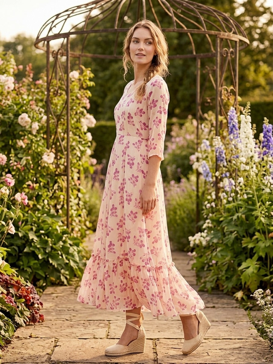 Souchii Women’s White & Pink Floral Chiffon Maxi Dress