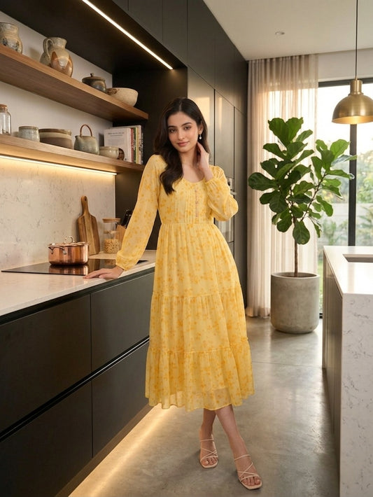 Souchii Women’s Yellow Floral Printed Dress – Tiered Fit & Flare Dress with Long Sleeves | Summer & Casual Wear