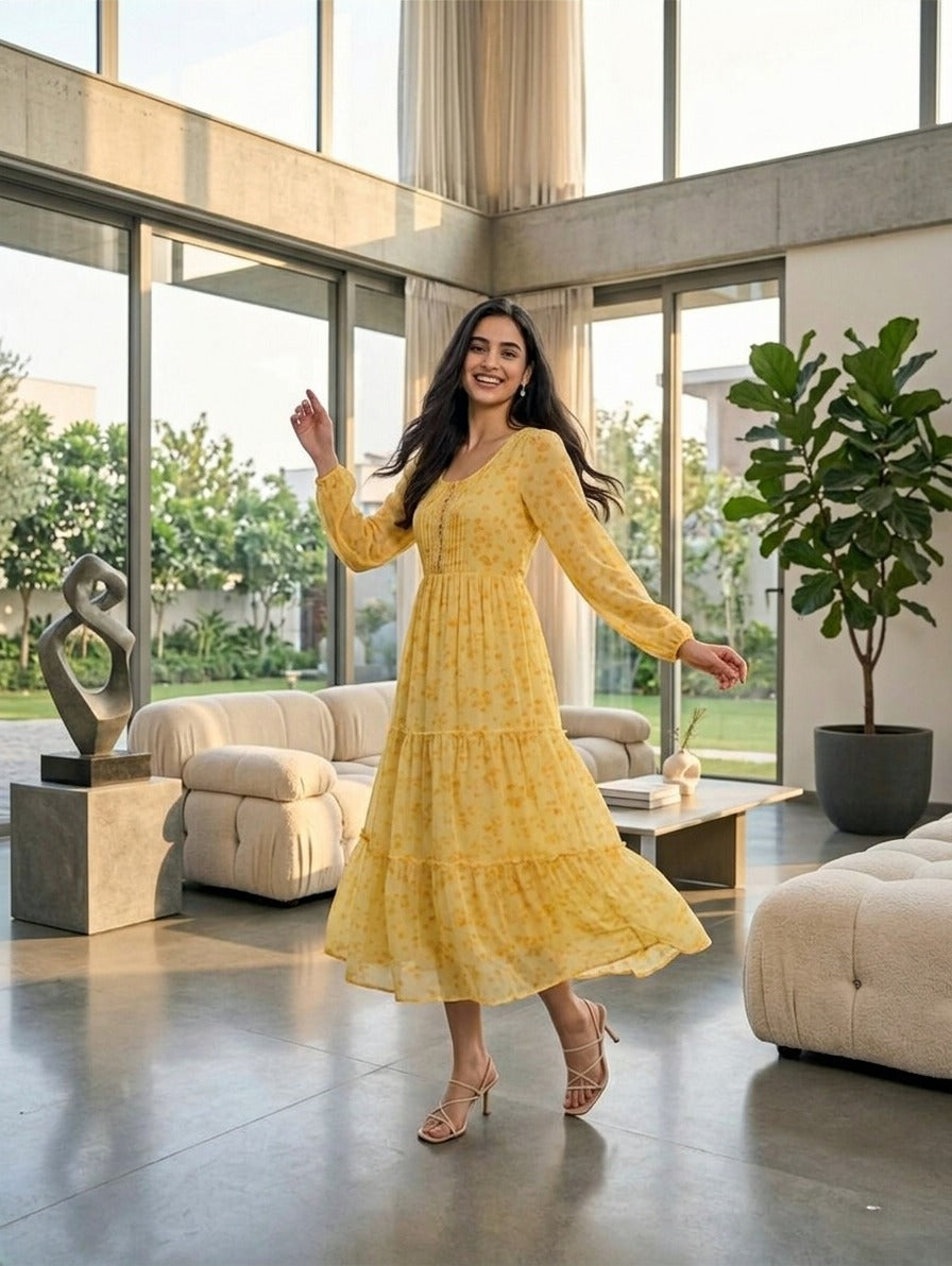 Souchii Women’s Yellow Floral Printed Dress – Tiered Fit & Flare Dress with Long Sleeves | Summer & Casual Wear