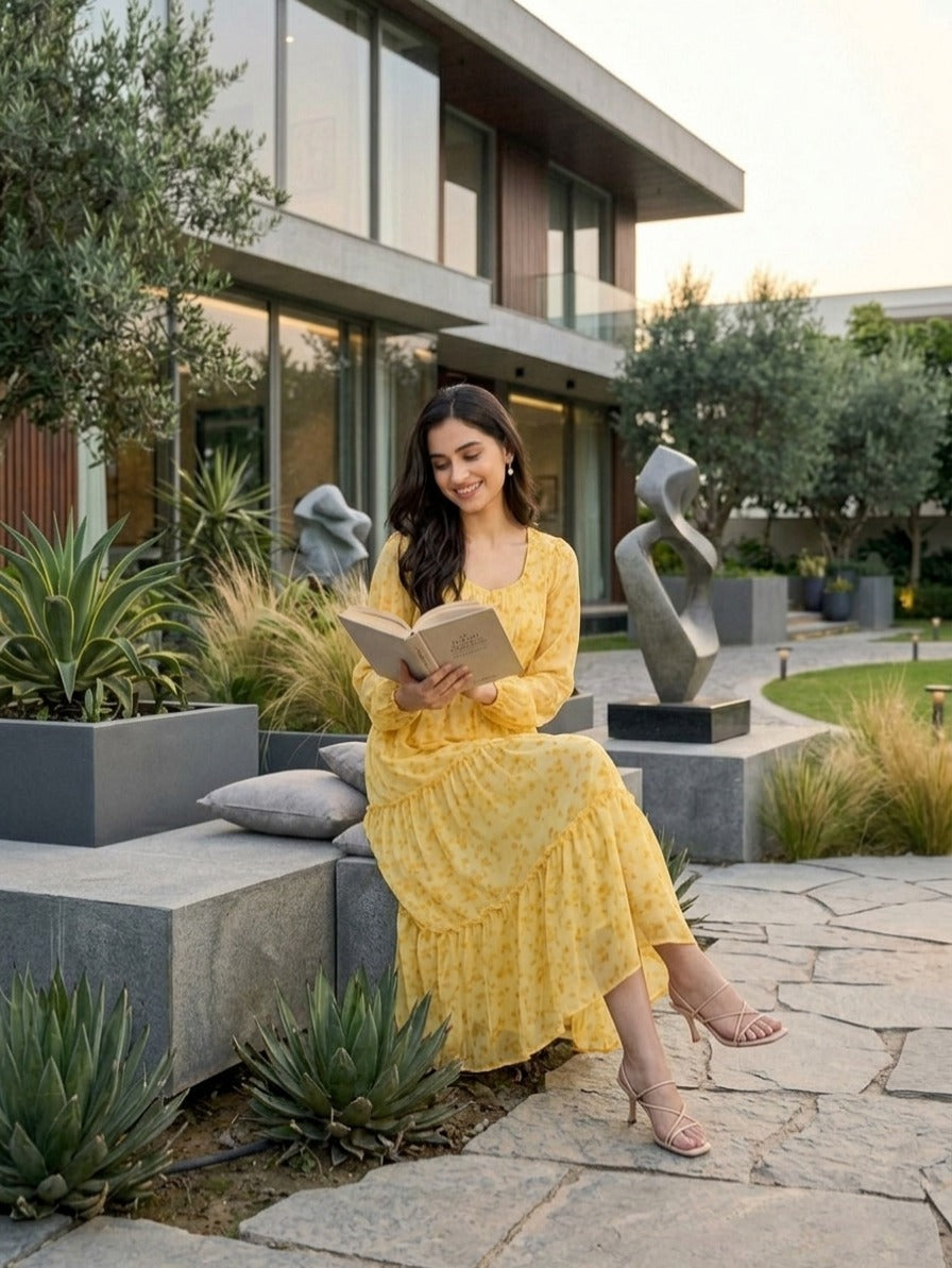 yellow floral fit and flare dress Souchii Women's Yellow Floral Printed Dress  Tiered Fit & Flare Dress   Souchii