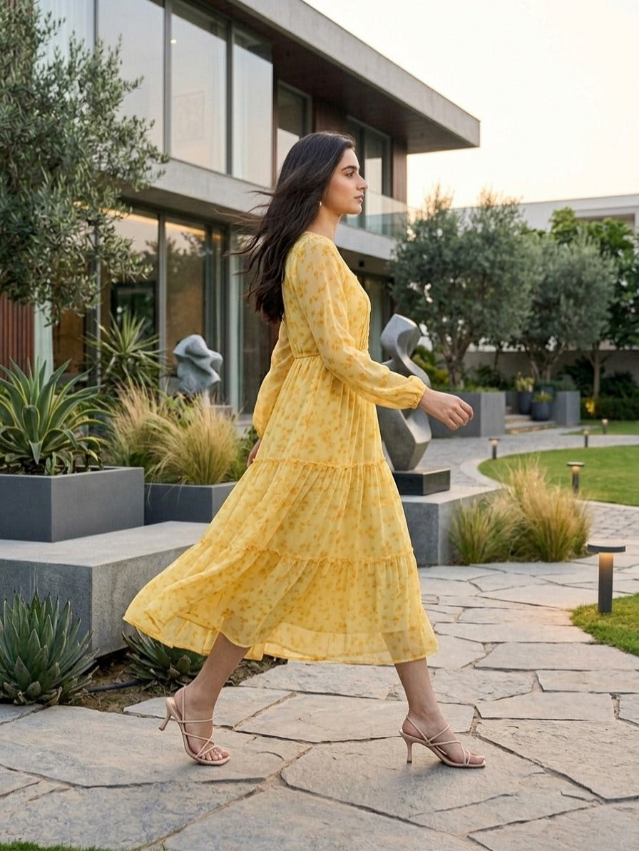 Yellow Floral Tiered Fit & Flare Dress Long Sleeves