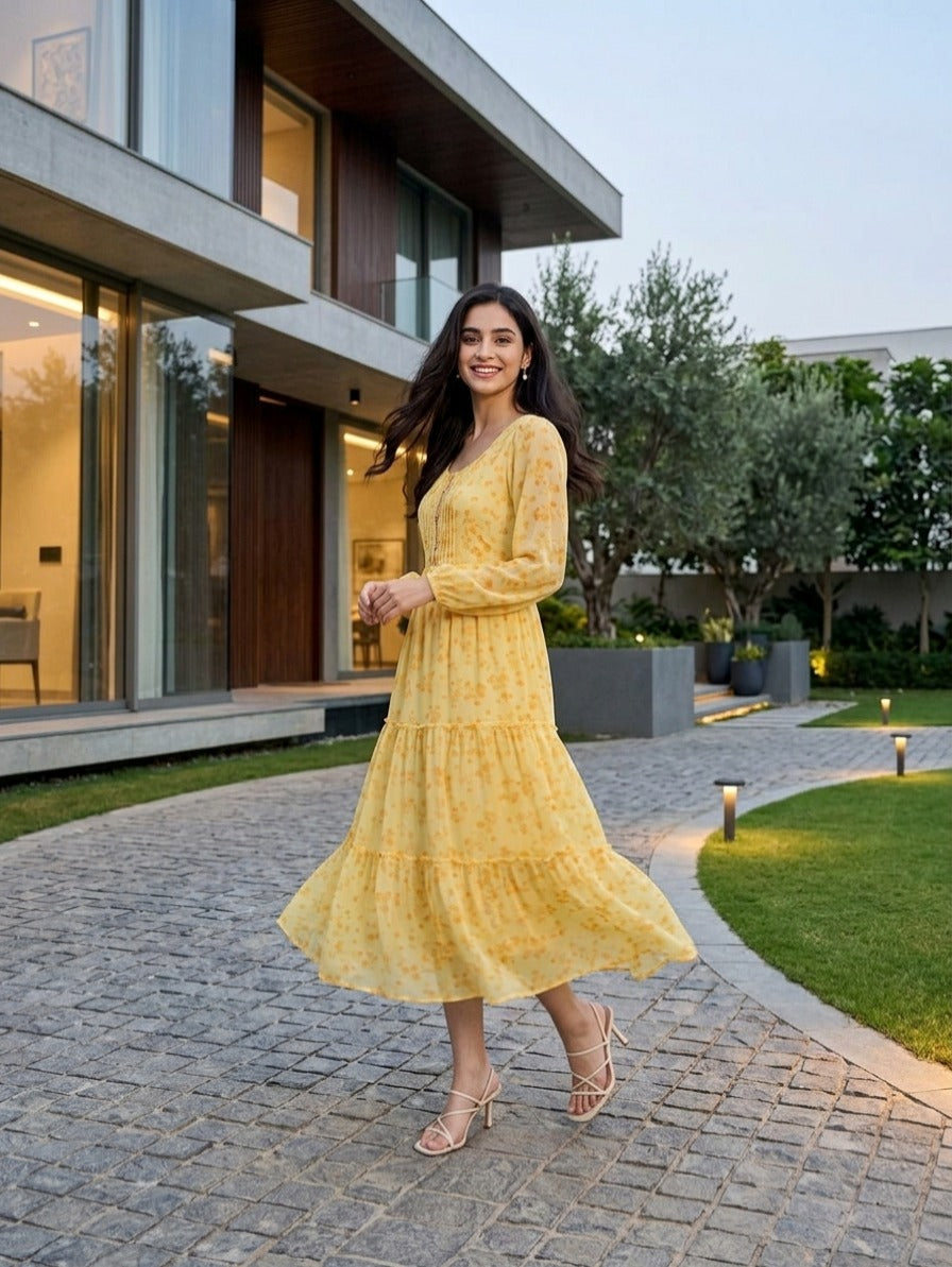 Souchii Women’s Yellow Floral Printed Dress – Tiered Fit & Flare Dress with Long Sleeves | Summer & Casual Wear